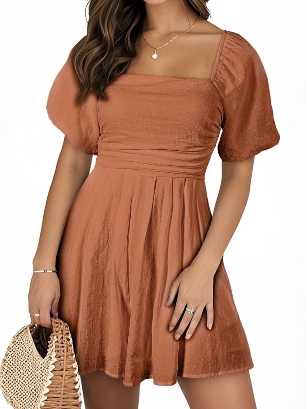 Rust Square-Neck Puff Sleeve Romper XL